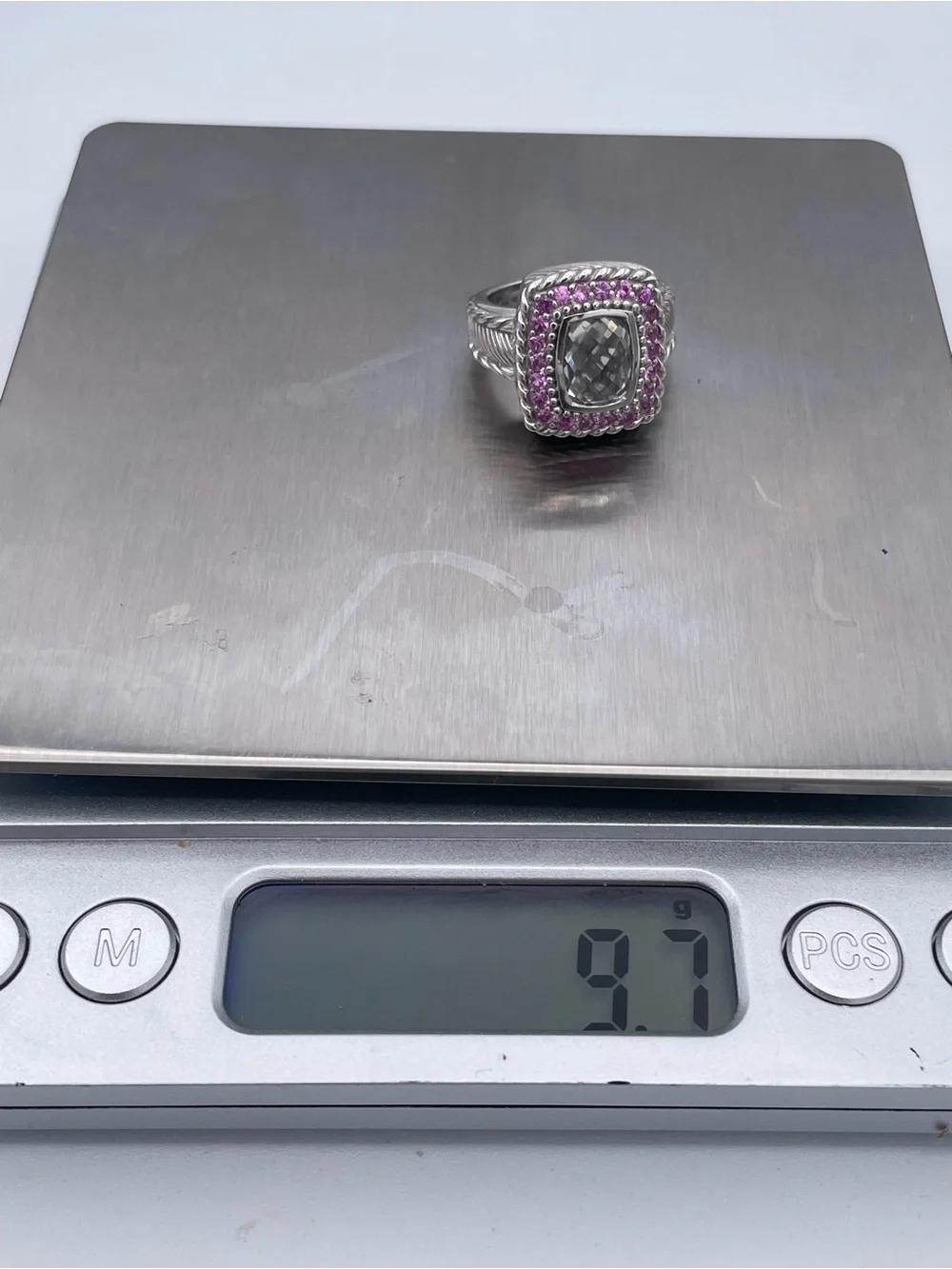 Judith Ripka 925 Sterling Silver Prasiolite Green Amethyst Pink Sapphire Ring s6